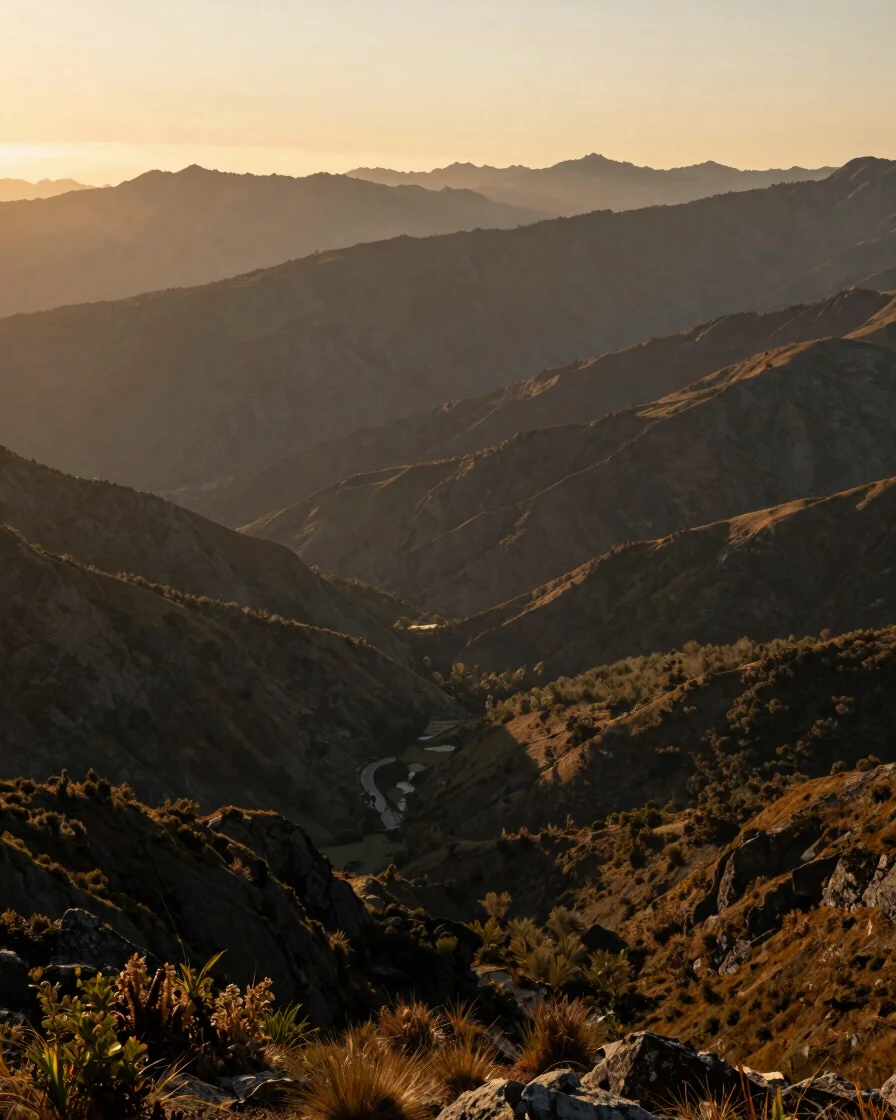 Lanora Mueller photographing a wide mountain vista at golden hour, 35mm wide lens, editorial style