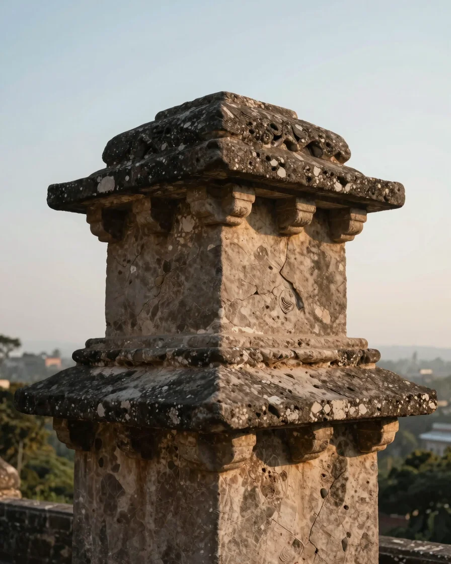 Close-up of a weathered stone architectural detail in soft morning light, wide lens, editorial style