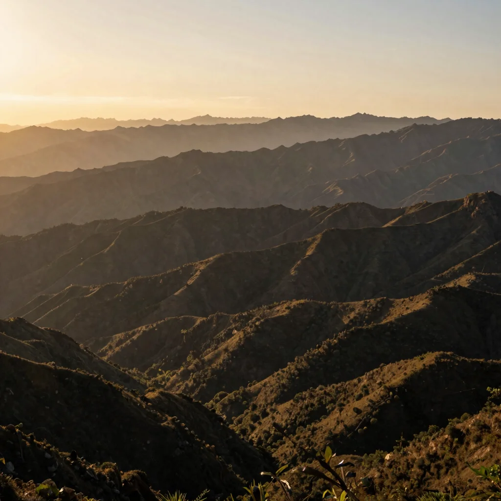 Expansive mountain range at golden hour, dramatic light, 35mm wid