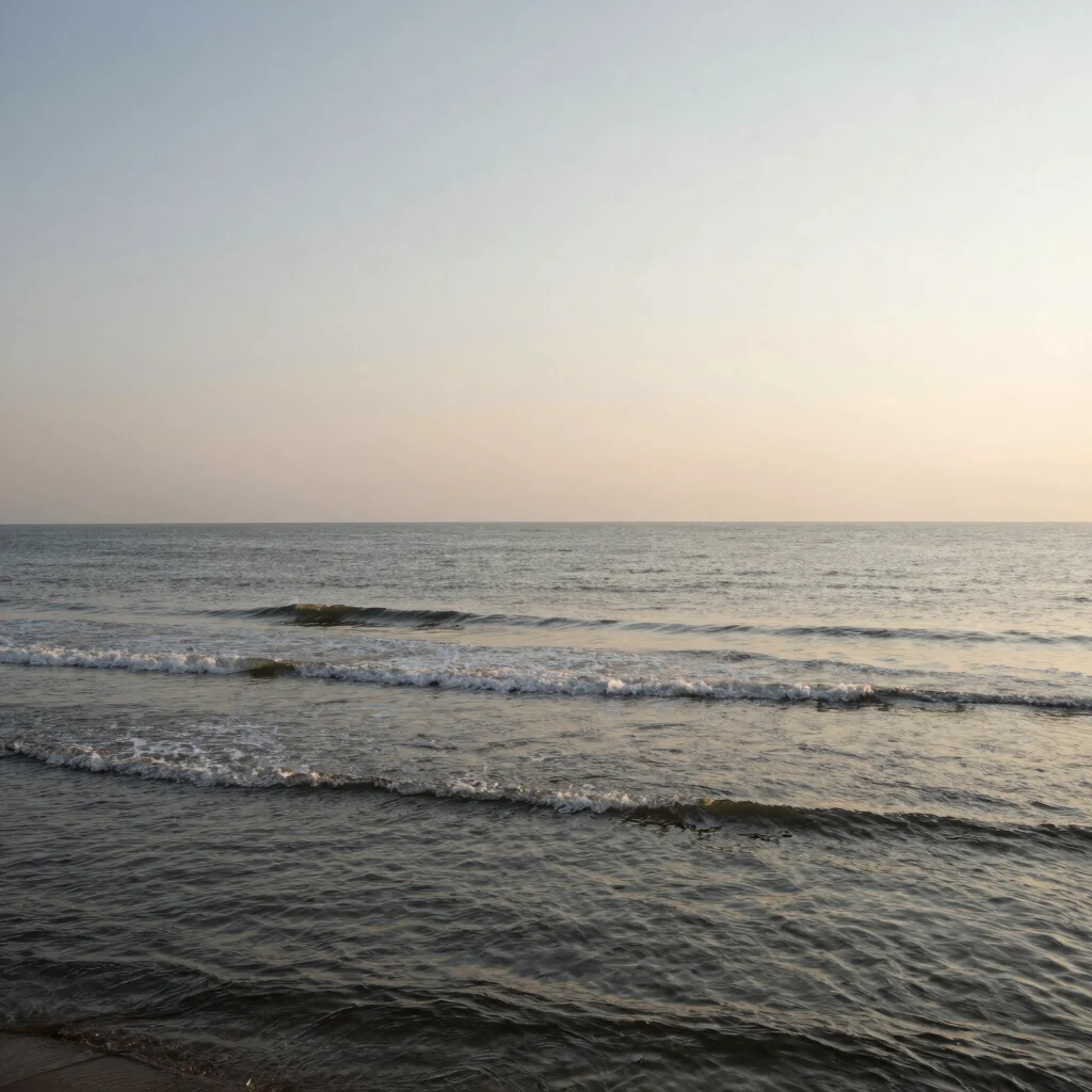 Quiet coastal morning, soft overcast daylight, gentle waves, 35mm