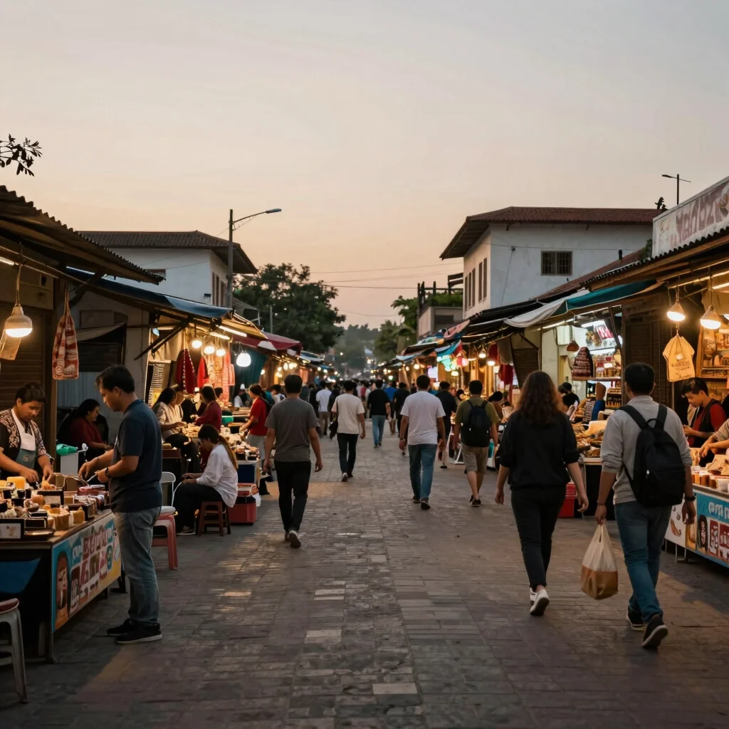 Wide shot of a bustling cultural market street, natural twilight,