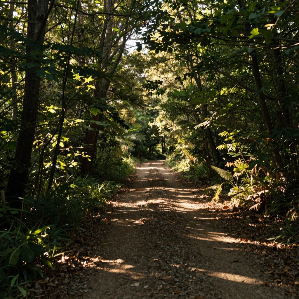 Serene forest path with dappled sunlight, soft natural tones, 35m